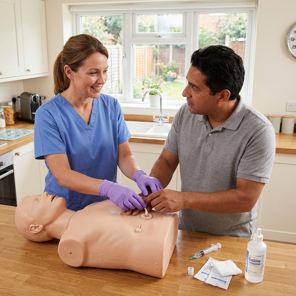 Parent learning care techniques from nurse