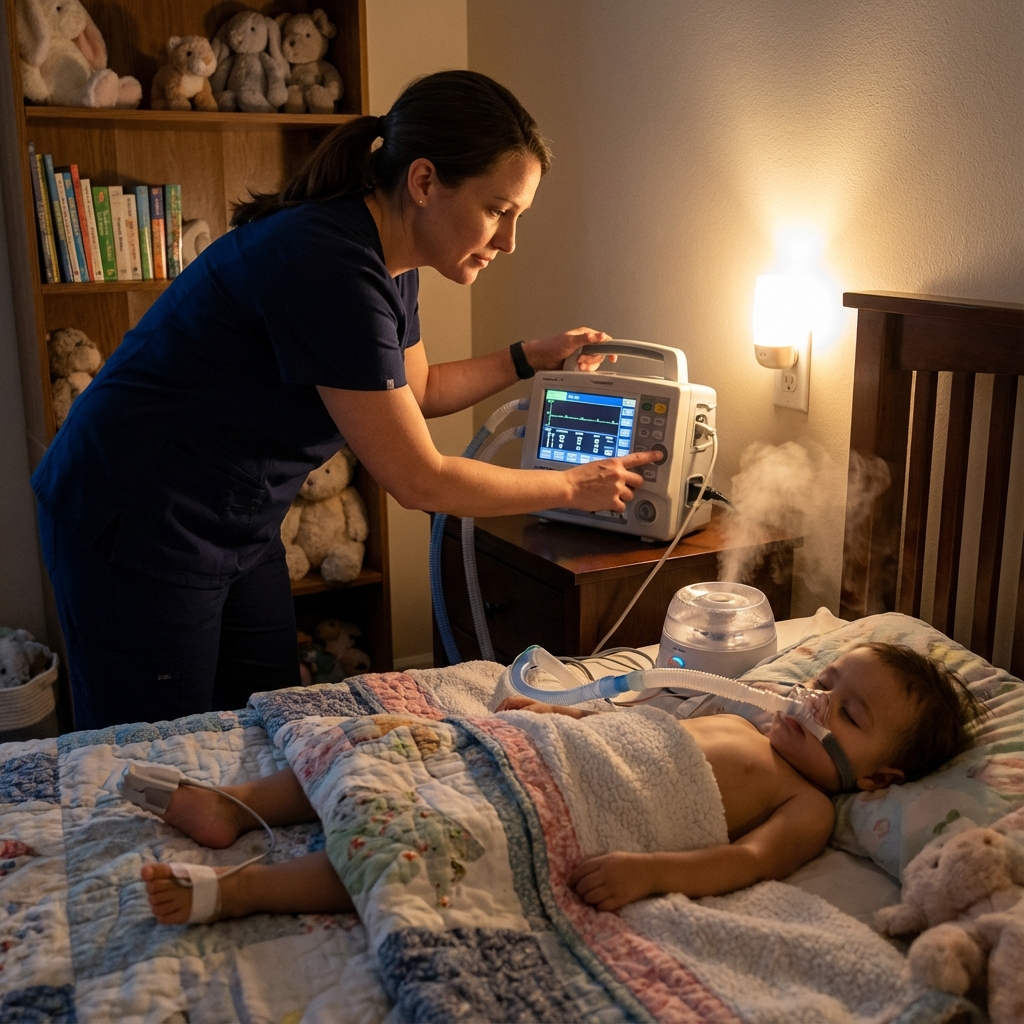Nurse with ventilator-dependent child
