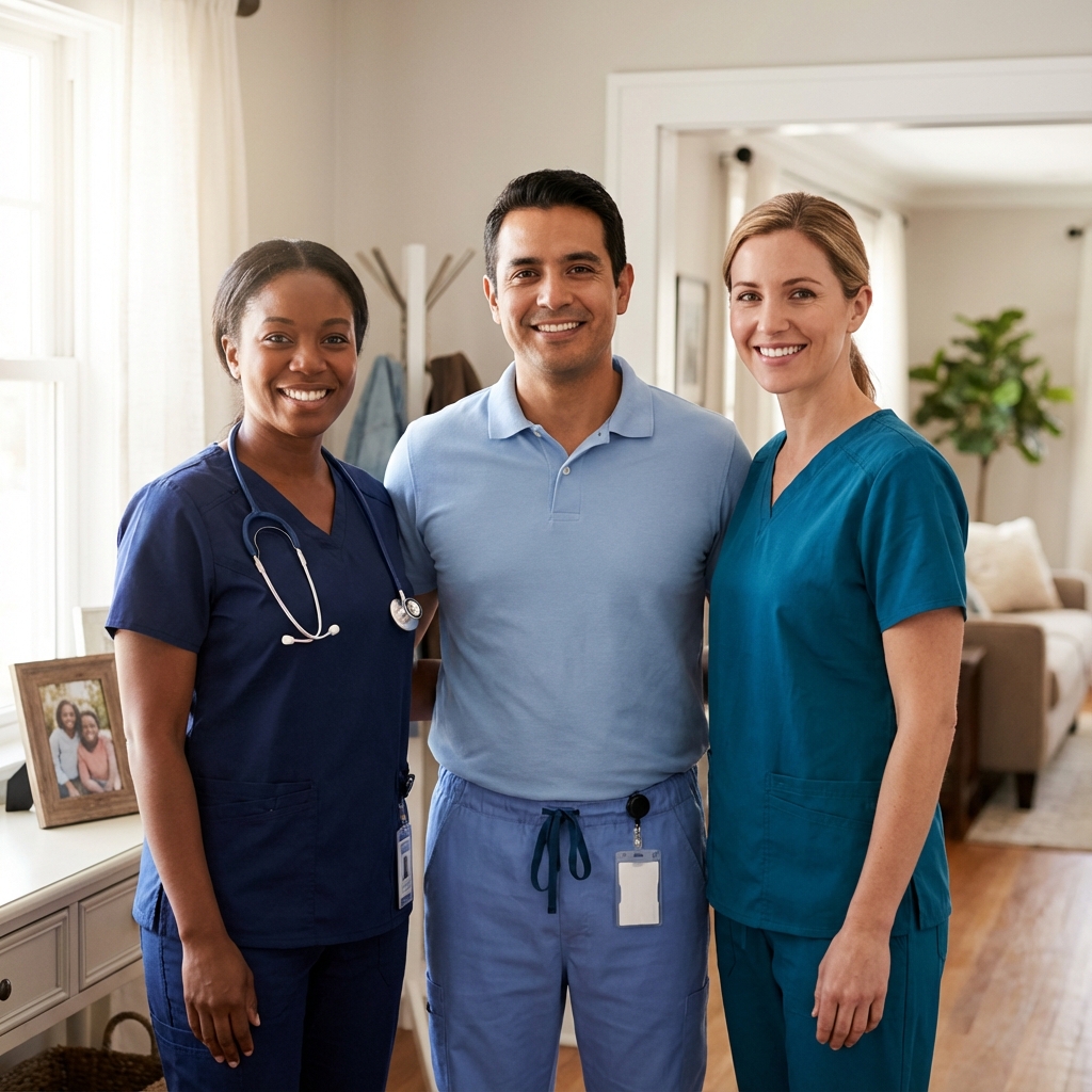 Caring team interacting with family